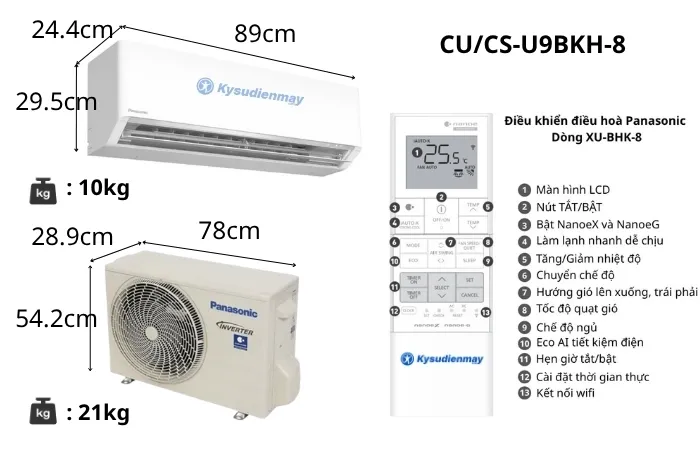 Thông số kỹ thuật điều hoà Panasonic 9000BTU 1 chiều CU/CS-U9BKH-8